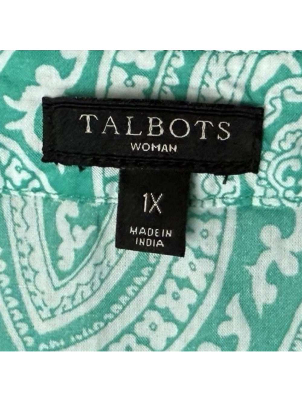 Talbots Tunic Top Plus Size 1X 3/4 Sleeves Cotton Paisley Green White Navy Blue - Picture 7 of 7